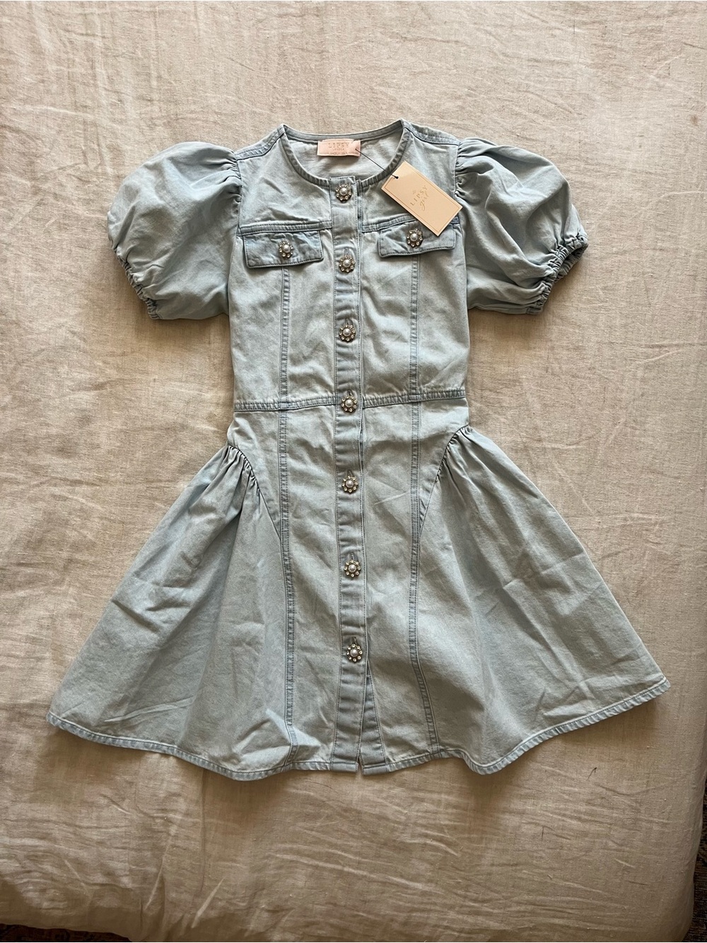 NWT Girls Light Wash Blue Denim Puff Sleeve Pearl Button Dress Size 10
